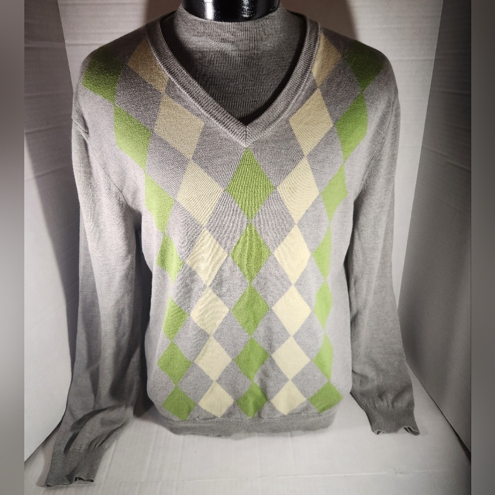 Men's Express V-Neck Sweater in Gray and Green Argyle
